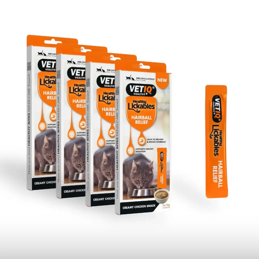 Five VetIQ Lickables cat treats packs in orange packaging with a single orange stick on the right, arranged in a row.] ,