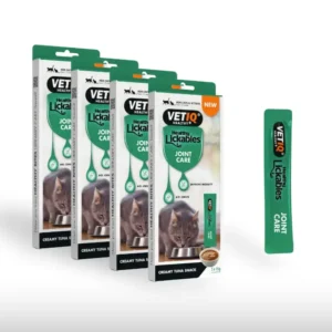 VETIQ Healthy Lickables Joint Care Multipack 1 - VETIQ Healthy+ Five VetIQ Health Lickables Joint Care cat treat boxes with a single green stick on the right, for cats' joint health.
