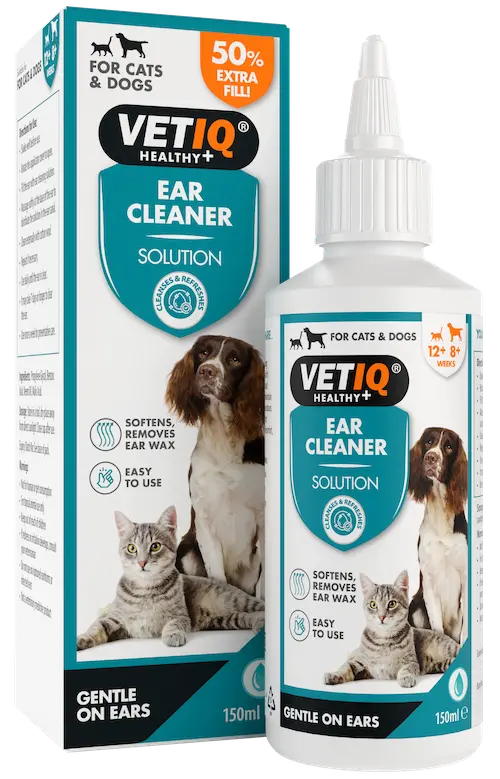 VETIQ NEW Ear Cleaner - VETIQ Healthy+ Pet ear cleaner product box and bottle labeled VetIQ Healthy+ Ear Cleaner Solution for cats and dogs, 150ml, gentle on ears.