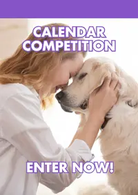 calendar comp sidebar - may - VETIQ Healthy+ Promo image of a woman cuddling a white dog with purple banner text 'Calendar Competition' and 'Enter Now!'