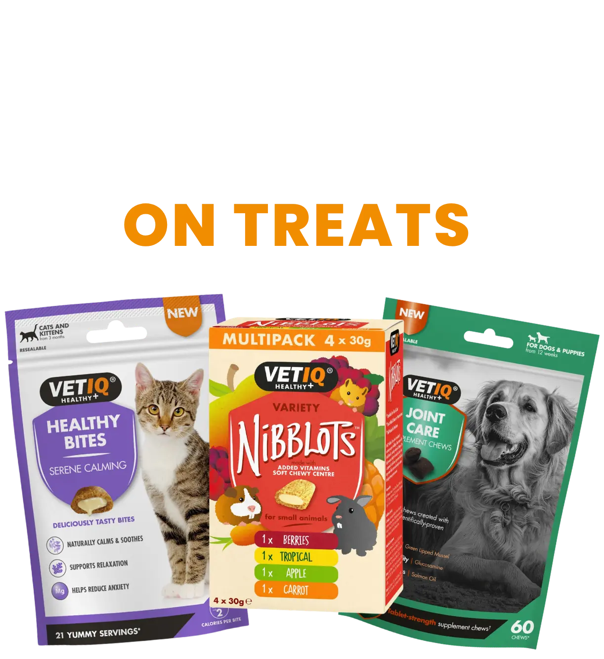 4for3 hero1 - VETIQ Healthy+ Graphic: '4 FOR 3 ON TREATS' promo with three VetIQ pet treat packages for cats and dogs.