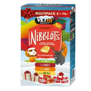 Colorful NibbBlots variety pet treats box for small animals, 4 x 30 g, with festive design and four flavor labels (Apple, Berries, Carrot, Tropical).